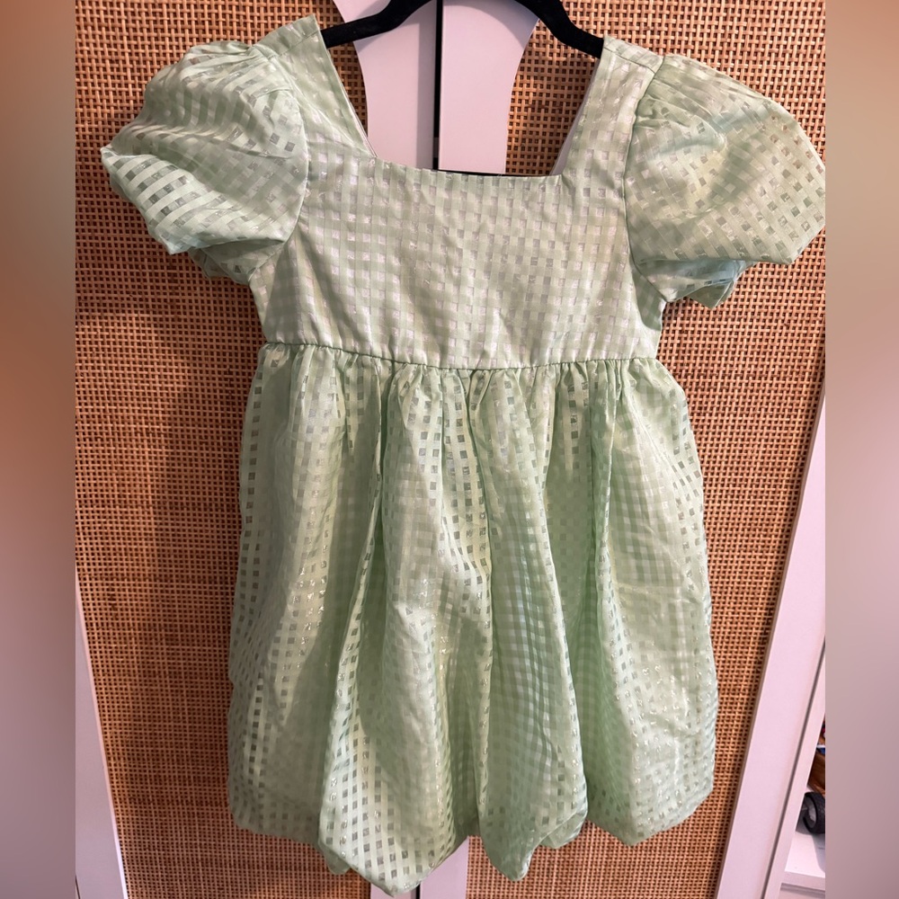 Joie Girls Green Gingham Puff Sleeve Bubble Hem Dress w/Back Bow Detail